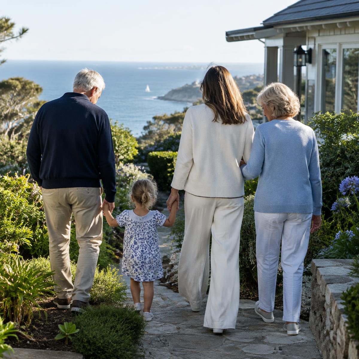 Family walking together beside the coast